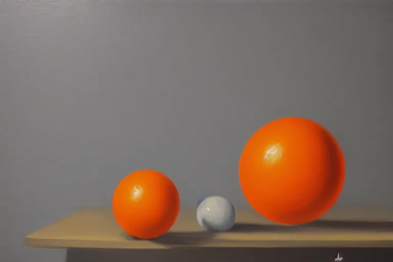 Image similar to An oil painting of an orange sphere on top of a blue cube sitting on a white table, dramatic lighting, hyper-realistic, extremely high detail, artstation