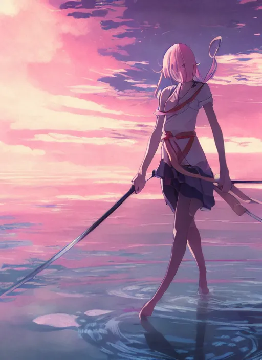 Image similar to anime girl with a katana walking on water, ripples, backdrop of dawn, saturn in the background, illustration, concept art, anime, key visual, trending pixiv fanbox by wlop and greg rutkowski and makoto shinkai and studio ghibli