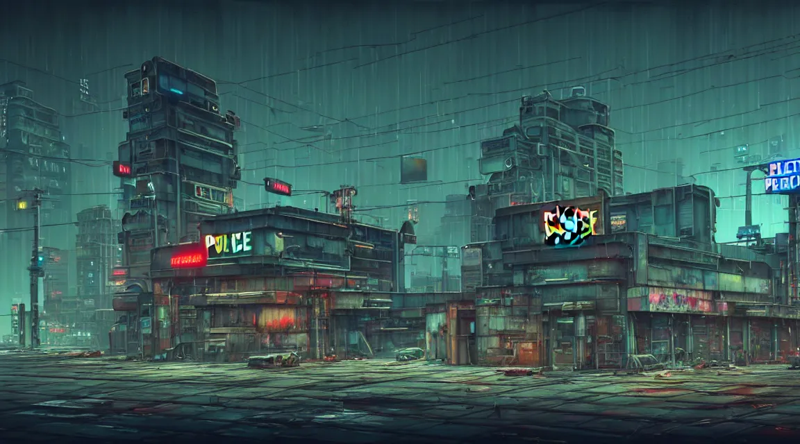 Image similar to post apocalyptic cyberpunk police station, building, avenue, urban architecture, americana architecture, concrete architecture, cloudy sky, paved roads, in the style of simon stalenhag, guido borelli, trending on artstation, photorealistic, wild vegetation, utopian, futuristic, blade runner, vivid colors scheme, neon signs, sharp, clear, focus