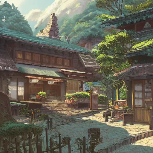 Image similar to concept art painting of a historic bakery with european and japanese architecture, in a woodland village surrounded by trees, in a mountain valley, realistic, detailed, cel shaded, in the style of makoto shinkai and greg rutkowski and james gurney