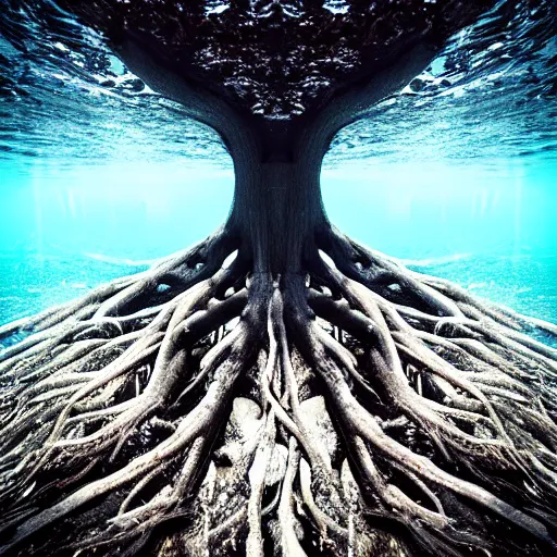 Image similar to roots underwater, award winning cyan and white photography, high contrast, high definition