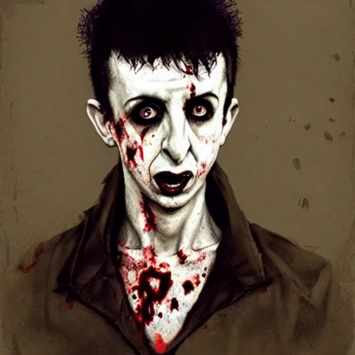 Image similar to young marc almond as a zombie looking somber, 7 days to die zombie, gritty background, fine art, award winning, intricate, elegant, sharp focus, cinematic lighting, digital painting, 8 k concept art, art by michael hussar, art by brom, art by guweiz and z. w. gu, 8 k