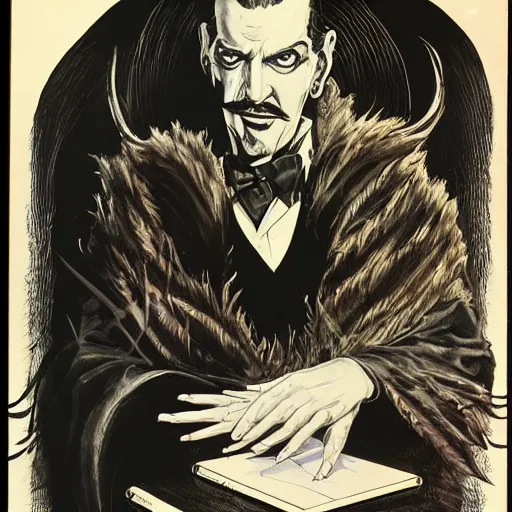 Image similar to vincent price as billionaire howard hughes in long black feathered cloak, black hands tipped with black claws, feathers growing out of skin, at opulent desk, comic book cover, vivid, mike mignogna, illustration, highly detailed, rough paper, dark, oil painting
