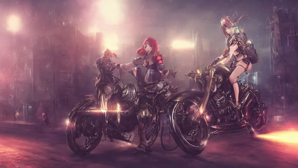 Image similar to cosplay red haired, female character, light armour, skirt, riding steampunk motorcycle, in fantasy sci - fi city, night time, city lights, motion blur, final fantasy, cinematic, realistic, stylised, unreal engine, lumen, realistic, artgerm