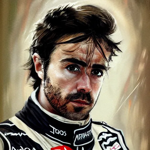 Image similar to portrait of a spanish racing driver fernando alonso, colourised, face portrait, epic, tragic, military art, fantasy, dieselpunk, hd shot, digital portrait, beautiful, artstation, comic style, by artgerm, guy denning, jakub rozalski, magali villeneuve and charlie bowater