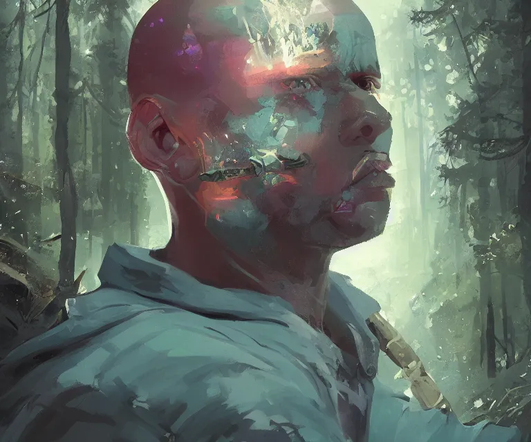 Image similar to painting close - up portrait of a young bald blue - skinned wizard in a forest, masterpiece, trending on artstation, by ismail inceoglu