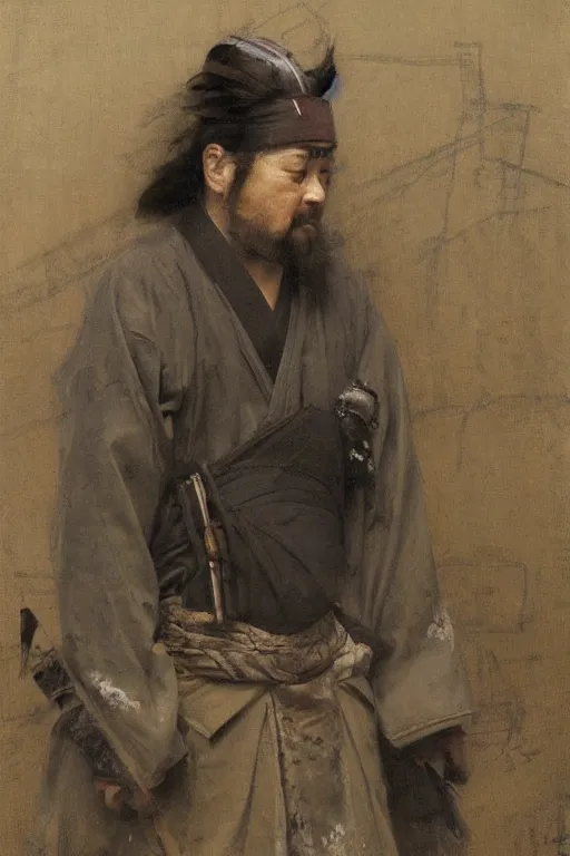Image similar to Richard Schmid and Jeremy Lipking and Antonio Rotta full length portrait painting of a japanese samurai