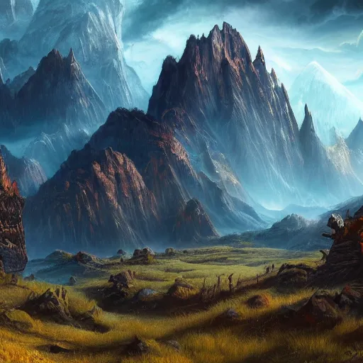 Prompt: The horror landscape with mountains in the background, Sci-Fi fantasy wallpaper, painted, 4k, high detail, sharp focus