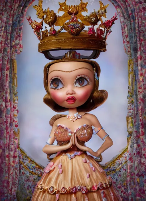 Image similar to closeup face profile portrait of tin toy sylvia sims as a fairytale princess wearing a crown eating cakes, bikini, depth of field, zeiss lens, detailed, symmetrical, centered, fashion photoshoot, by nicoletta ceccoli, mark ryden, lostfish, breathtaking, 8 k resolution, extremely detailed, beautiful, establishing shot, artistic, hyperrealistic, octane render