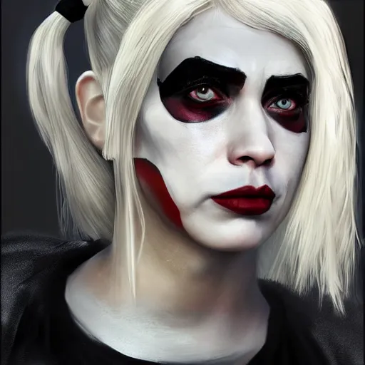 Image similar to hyperrealist portrait of harleyquinn, photo realistic, dynamic lighting, artstation, poster, volumetric lighting, very detailed faces, 4 k, award winning