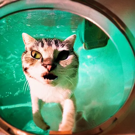 Image similar to photograph of cat wearing diving gear swimming in a vat of acid