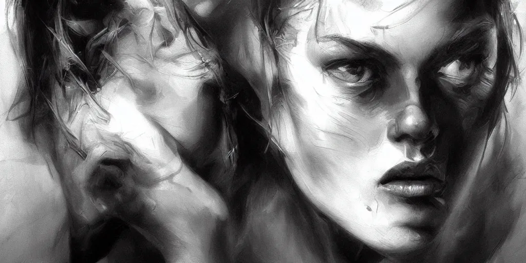 Prompt: highly detailed black and white oil painting, portrait, hand gesture, beautiful, dark, masterpiece, art by durero, riccardo federici, james jean, craig mullins, illustration, draw, spatula, splash