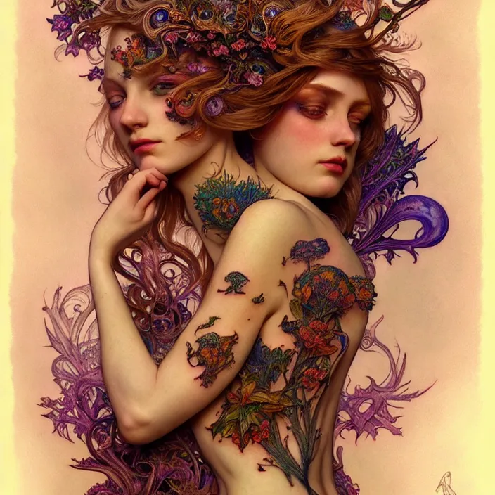 Prompt: psychedelic mushroom tattoo, diffuse lighting, fantasy, intricate, elegant, highly detailed, lifelike, photorealistic, digital painting, artstation, illustration, concept art, smooth, sharp focus, art by John Collier and Albert Aublet and Krenz Cushart and Artem Demura and Alphonse Mucha