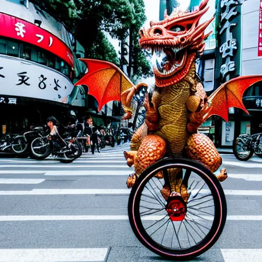 Prompt: a dragon riding a bike in the streets of tokyo