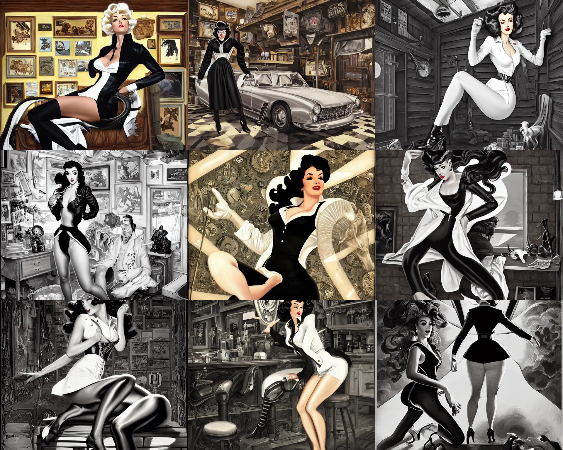 Prompt: black white jacket pinup pulp art sits on the garage, old trade shop interior, horse stable, deep focus, turnaround, fantasy, intricate, elegant, highly detailed, digital painting, artstation, concept art, matte, sharp focus, illustration, hearthstone, art by rhads artgerm and greg rutkowski and alphonse mucha.