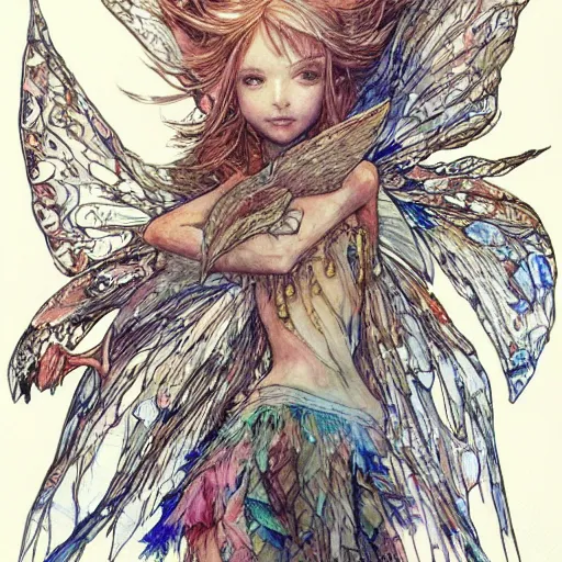 Image similar to fairy girl with wings made of pizza slices, watercolor, pen and ink, intricate line drawings, by Yoshitaka Amano, Ruan Jia, Kentaro Miura, Artgerm, detailed, trending on artstation, hd, masterpiece,