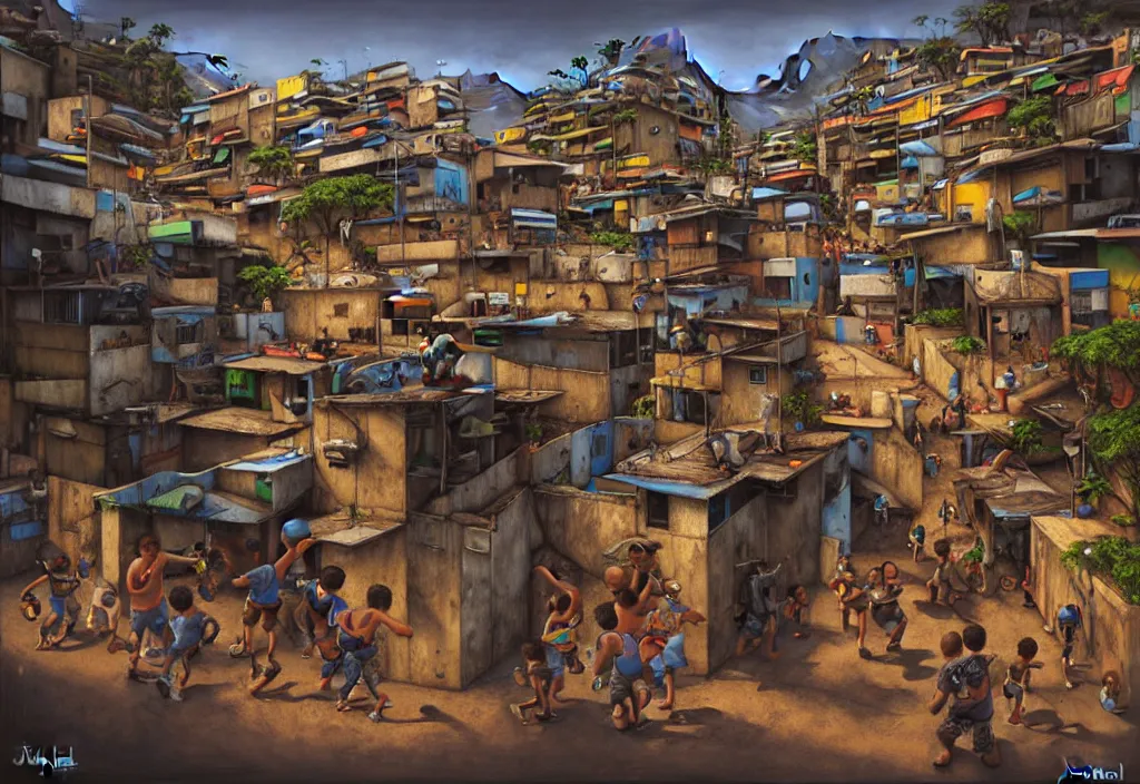 Image similar to photorealistic favela rio with guns and kids in by Justin Gerard