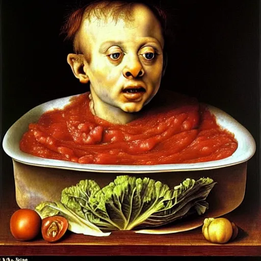 Image similar to a boy sitting in a tub full of tomato sauce, a lot of cabbage, by giuseppe arcimboldo and ambrosius benson, renaissance, portrait, fruit, intricate and intense oil paint, realistic