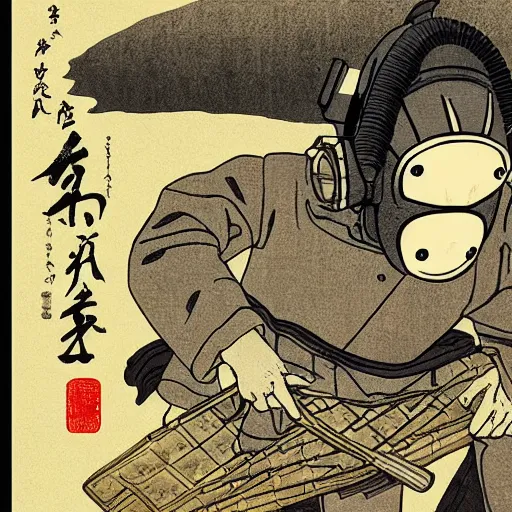 Prompt: Gas mask in Ukiyo-e style, haunting + insanely detailed and intricate, movie poster style,