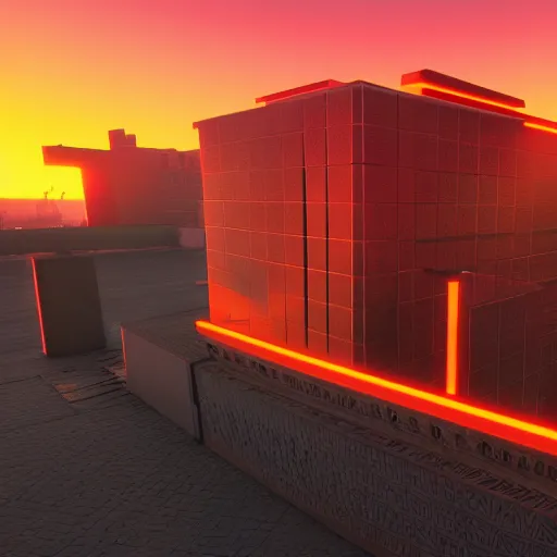 Image similar to ziggurat, photorealist, retrowave, orange color scheme, vivid lighting, sunset, digital art, rendered in unreal engine