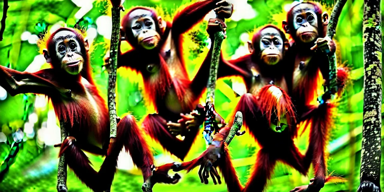 Image similar to graffiti art of baby orangutans playing in the rainforest jin yong