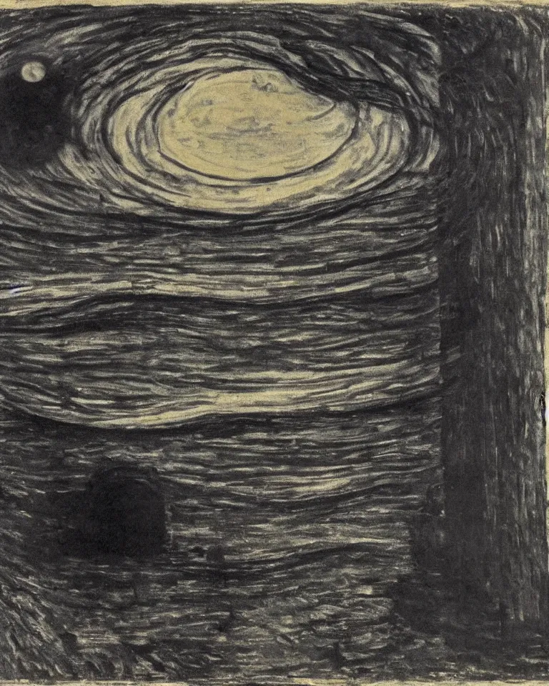 Prompt: midnight, the moon obscured by clouds, in a dilapidated building the dark unknown huddled in the corner is pouring out, mist, by edvard munch