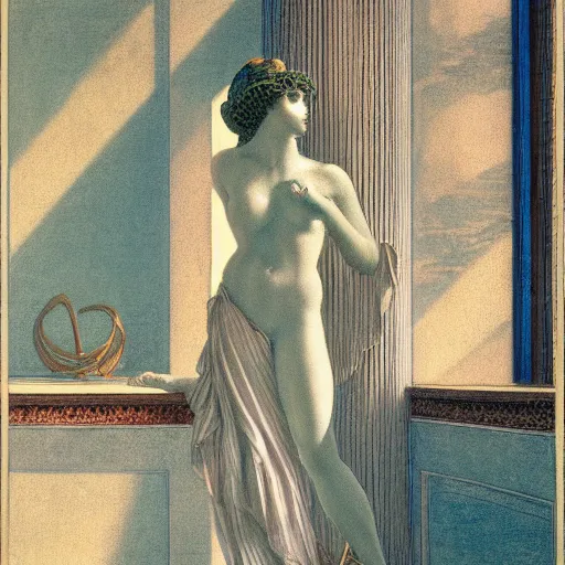 Image similar to a goddess in a liminal room, film still by canova, limited color palette, very intricate, art nouveau, highly detailed, lights by hopper, soft pastel colors, minimalist