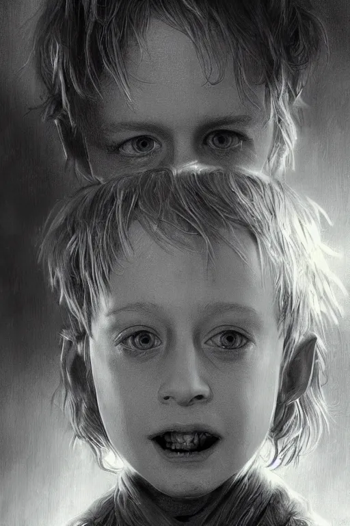 Image similar to realistic portrait beautiful concept art of home alone 2 movie scene when little macaulay culkin turns into cyborg. horror, created by gustave dore and greg rutkowski, high detailed, smooth draw, synthwave neon retro, intricate, trending on artstation.