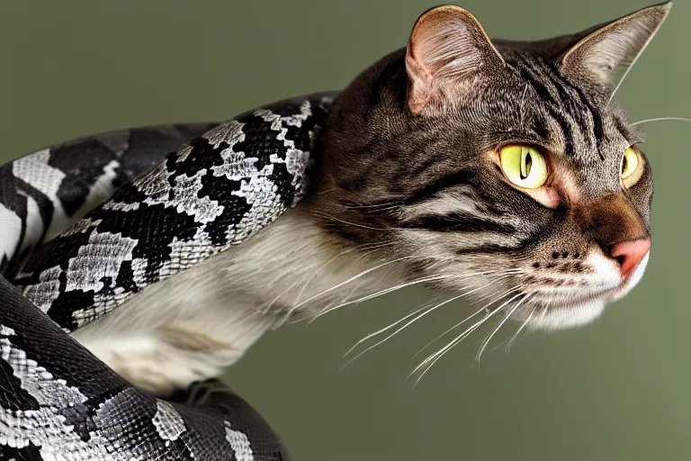 Prompt: A snake with a cat's head, photorealistic imagery, 8k quality