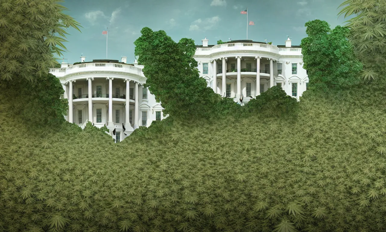 Prompt: a architectural portrait of the white house surrounded in wild blooming cannabis on a beautiful summer day, cg art, fine art, highly detailed, digital painting, cgi, volumetric lighting, sunny atmosphere