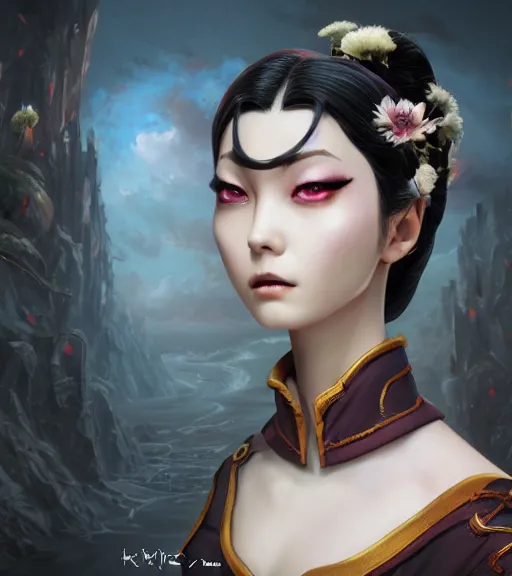 Prompt: an epic fantasy comic book style portrait painting of a very beautiful darkwave girl with a strong japanese aristocratic - style image, character design by mark ryden and pixar and hayao miyazaki, unreal 5, daz, hyperrealistic, octane render, cosplay, rpg portrait, dynamic lighting, intricate detail, summer vibrancy, cinematic