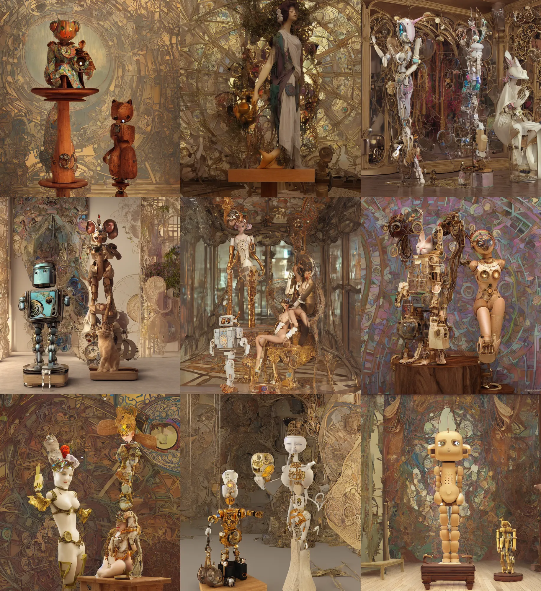 Prompt: 3D octane render ultra 8K photorealistic , a wooden sculpture art toys on a pedestal a very cute mystical robot of the bohemian with cat’s ears in a contemporary art gallery in neo Paris by Alphonse Mucha