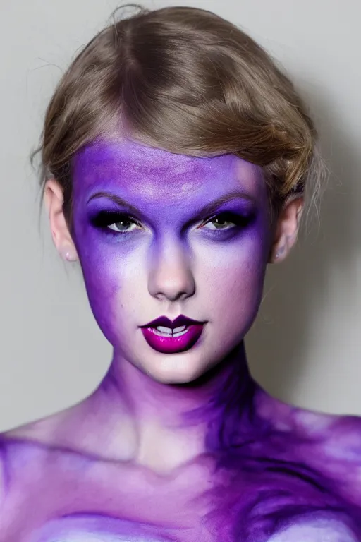 Prompt: purple Taylor Swift with purple face paint, purple body paint, purple dress