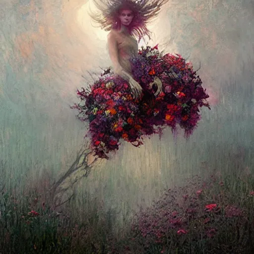 Image similar to a beautiful terrifying monster made of flowers. ethereal horror fantasy art by greg rutkowski and monet