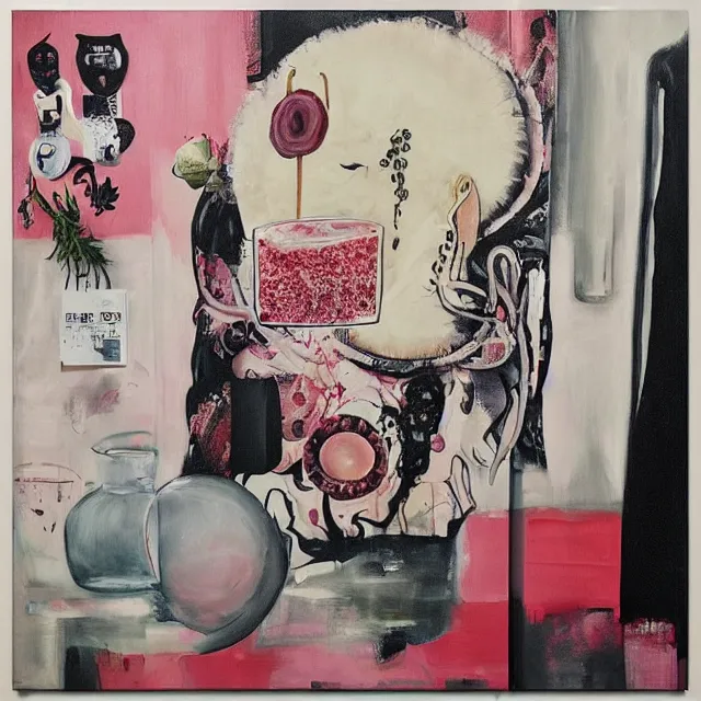 Image similar to “ a portrait in a female art student ’ s apartment, sensual, a pig theme, pork cuts, art supplies, surgical iv bag, octopus, ikebana, herbs, a candle dripping white wax, japanese pottery, squashed berries, berry juice drips, acrylic and spray paint and oilstick on canvas, surrealism, neoexpressionism ”