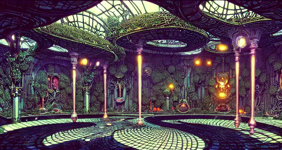 Image similar to a luxurious scifi futuristic victorian garden courtyard by killian eng, moebius, philippe druillet