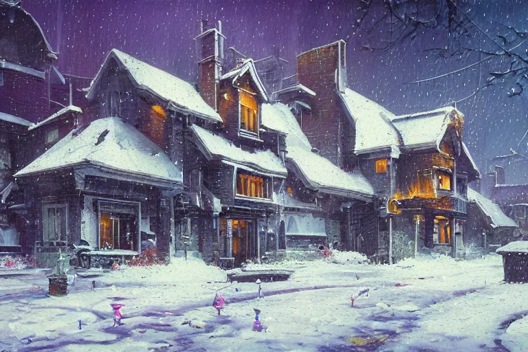 Image similar to cyberpunk, winter in the snow, external view of a 5 bedroom detached cyberpunk house in the UK, by Paul Lehr