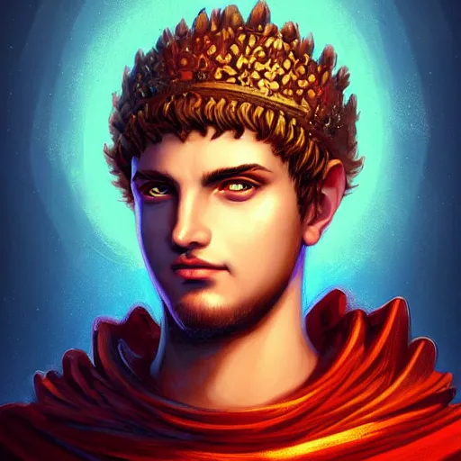 Image similar to detailed portrait of emperor nero, old roman style, non - reflective blue neon cloak, decorated with traditional roman ornaments by rhads, makoto shinkai cyril rolando, madgwick illustrated, perfect face, fine details, realistic shaded, fine - face, pretty face