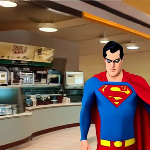 Image similar to superman working in mcdonald's, reality, realistic, detailed, 8 k, award winning, wide shot,