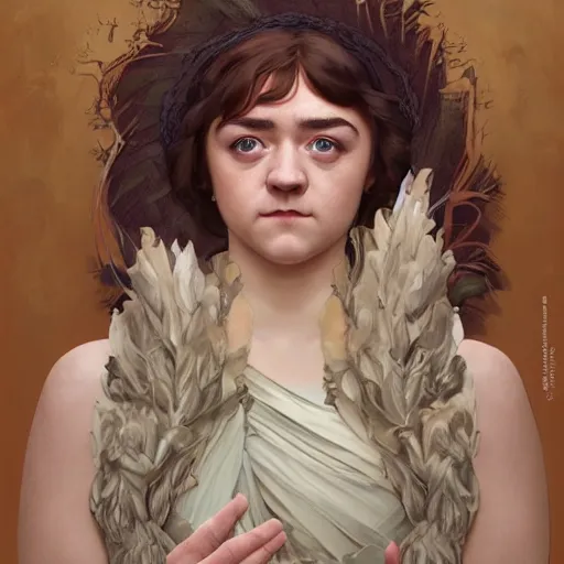 Image similar to maisie williams as beautiful natural coy cottagecore goddess maiden, master life drawing, intricate, elegant, highly detailed, digital painting, artstation, concept art, smooth, sharp focus, illustration, art alphonse mucha and james gurney and marc simonetti and wlop