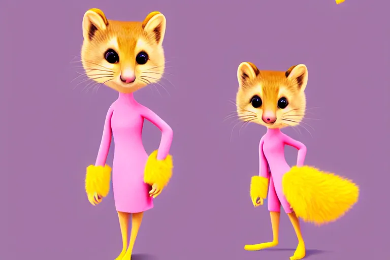 Image similar to detailed flat 2 d : female marten character : wearing jewelry : wearing a pink dress : wearing yellow hat : head torso legs feet : lorax movie : artstation