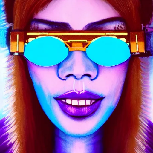 Image similar to closeup painting of a very beautiful young mexican cyberpunk woman with a smile, wearing light blue shutter shades, and a purple coloured leather jacket, one side haircut, long brown hair with light blue ends, portrait, hyperdetailed, artstation, cgsociety, synthwave by tangerine dream, by jean - michel jarre, by vangelis, by john carpenter