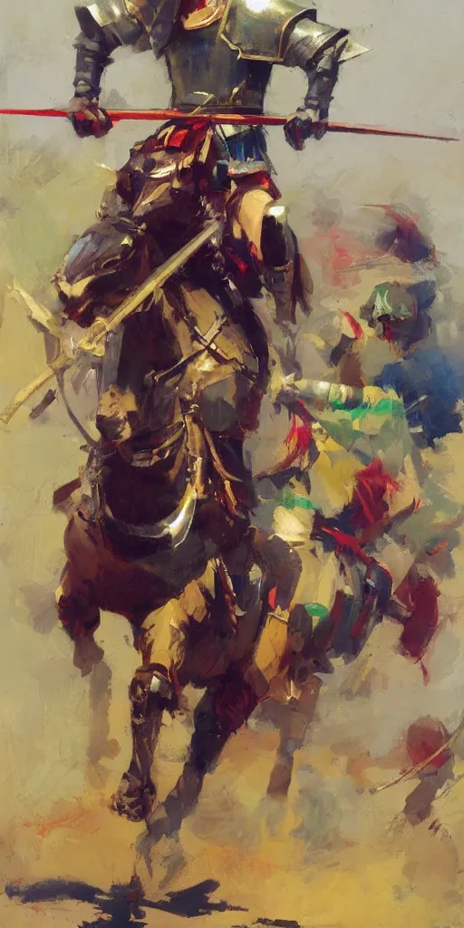 Image similar to portrait of colorful rider holding jousting lance, caparisons, chainmail, by greg manchess, bernie fuchs, ruan jia, walter everett