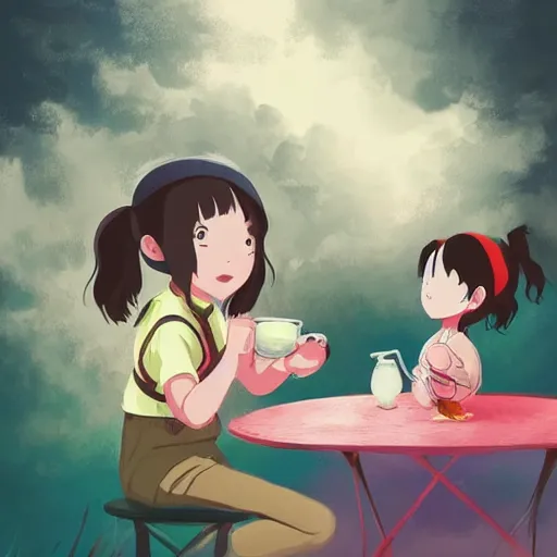 Prompt: little girl drinking tea with a friendly cryptid, digital art, colorful, artstation, studio ghibli