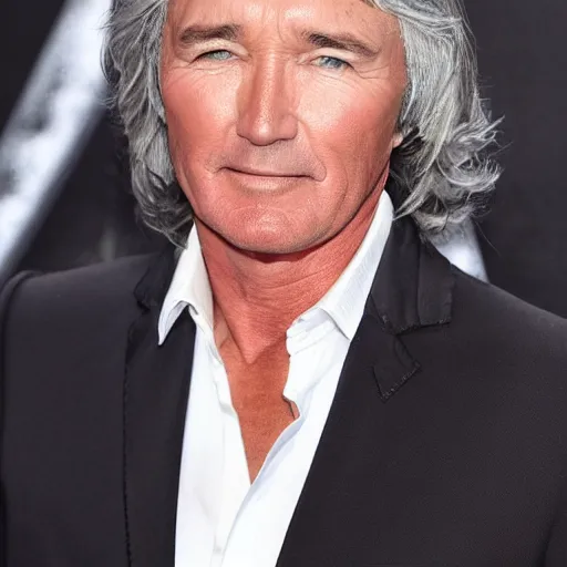 Image similar to patrick duffy mixed with iggy pop, he has very long straight grey hair, wearing a white shirt