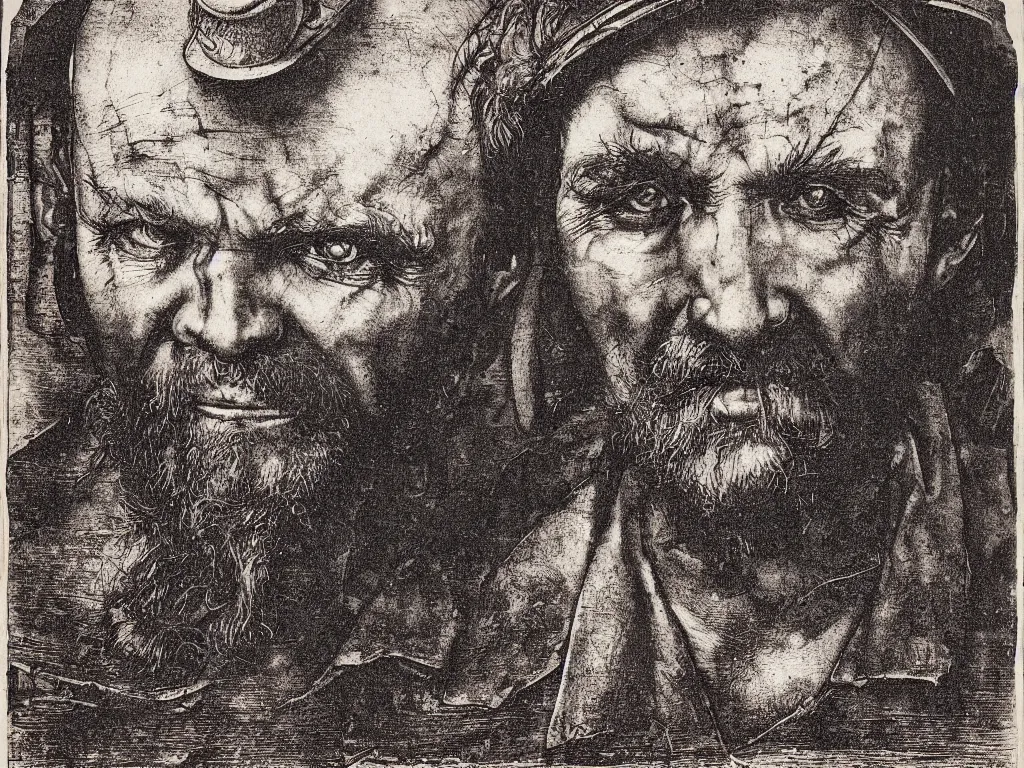 Image similar to portrait of a head of a man working in the coal mine. copper engraving by albrecht durer, august sander