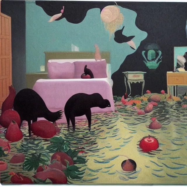 Image similar to painting of flood waters inside an artist's feminine bedroom, female emo art student, a river flooding indoors, pomegranates, pigs, ikebana, water, octopus, river, rapids, waterfall, black swans, canoe, berries, acrylic on canvas, surrealist, by magritte and monet