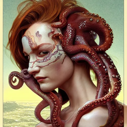 Prompt: portrait painting of octowoman, half woman, half octopus, ultra realistic, concept art, intricate details, extremely detailed, photorealistic, octane render, unreal engine. art by artgerm and dan mumford and alphonse mucha and studio ghibli, mixed media, 8 k