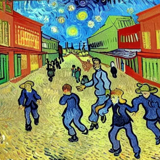 Image similar to van gogh chasing kids in a kindergarden