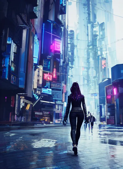 Prompt: photo of a beautiful woman walking through a ( ( ( cyberpunk city ) ) ), full body, hyper realistic, 8 k, dslr, unreal engine, highly detailed portrait